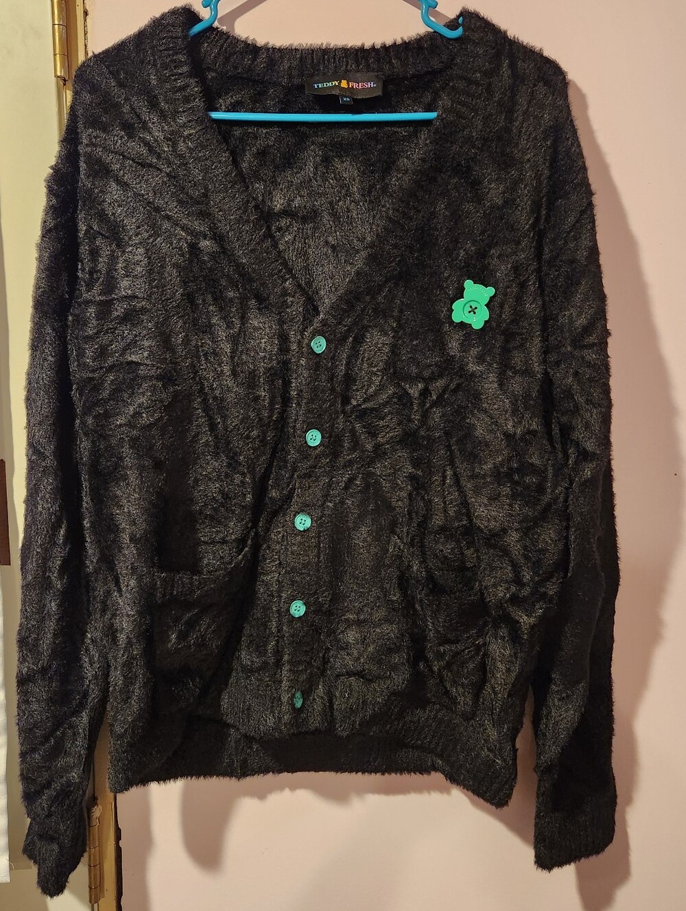 Teddy Fresh Black Fuzzy Cardigan with Green Bear Patch
